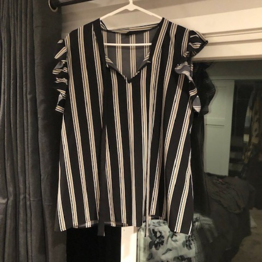 3 short sleeved shirts: 1 striped, 1 polka dot, 1 black with flowered sleeves